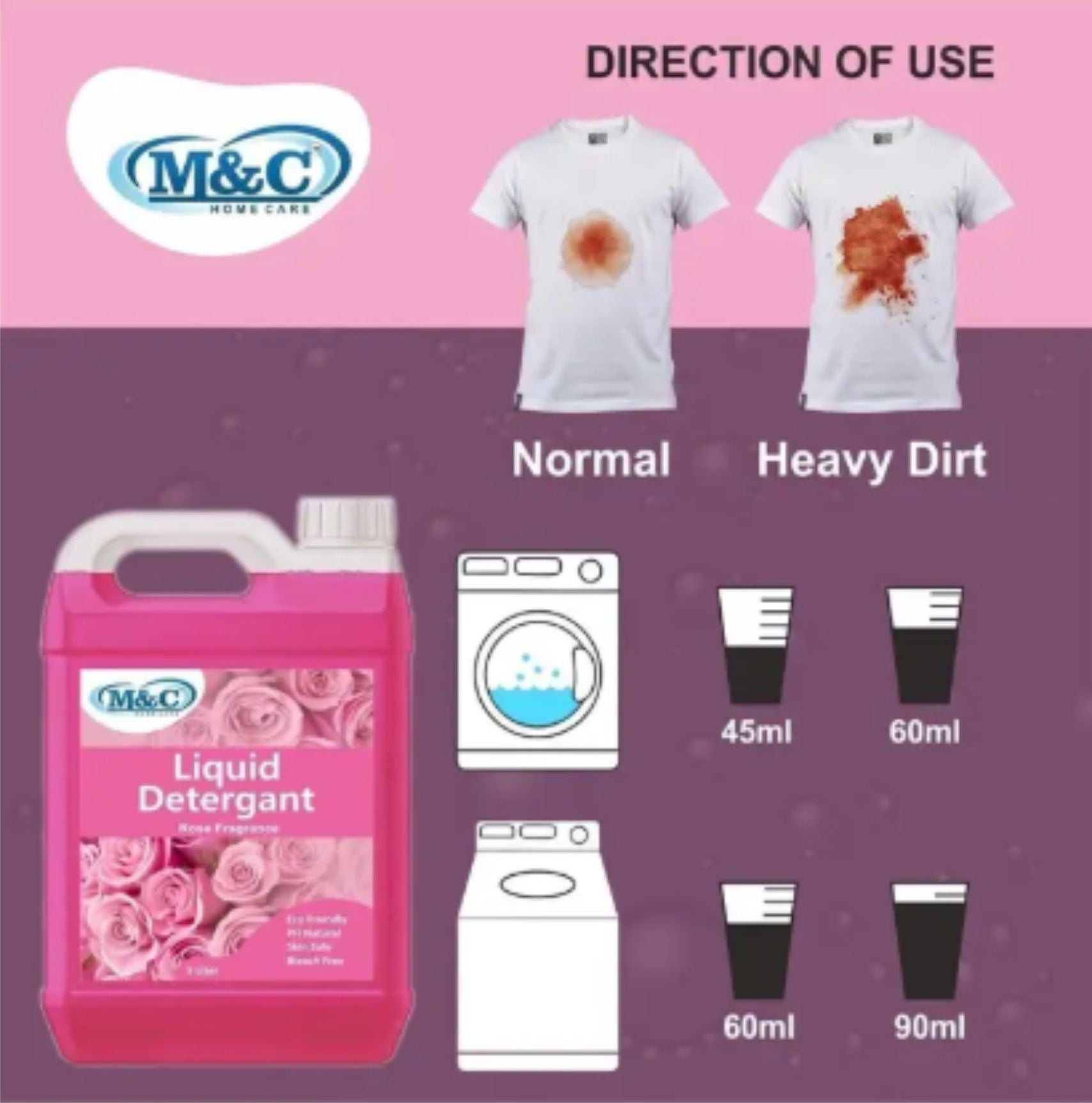 M&C liquid detergent pink for all type of cloth, top and front load machine (10 L) Rose Liquid Detergent (2 x 5 L)